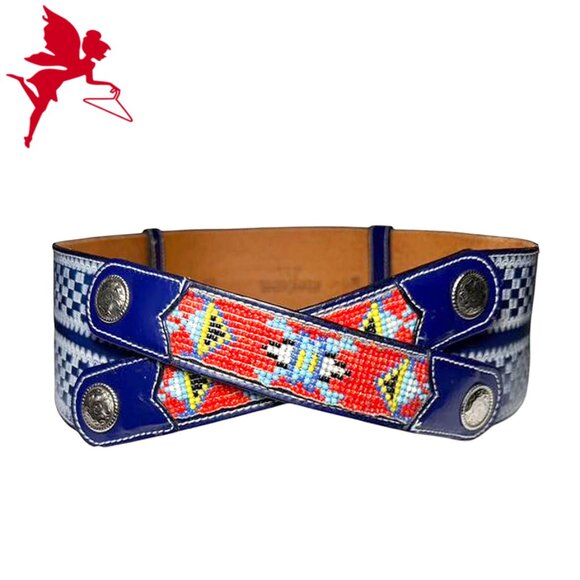 VINTAGE Southwestern Aztec Pattern Wide Double Buckle Leather and Seed Bead Belt main image 7